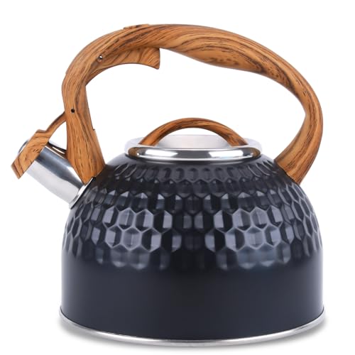 GGC 3L Loud Whistling Tea Kettle for Stove Top, Stainless Steel Kettle with Wood Pattern Handle for Boiling Water Milk or Coffee, Unique Button Control Kettle Outlet, Premium Black Kettle with a towel