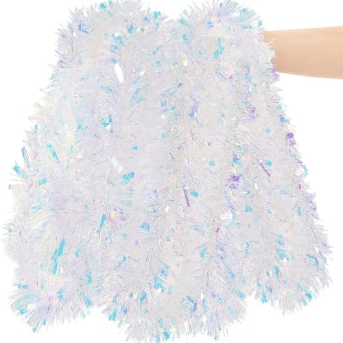 6.5FT Iridescent Christmas Tinsel Garland - Glitter Foil Holiday Decorations