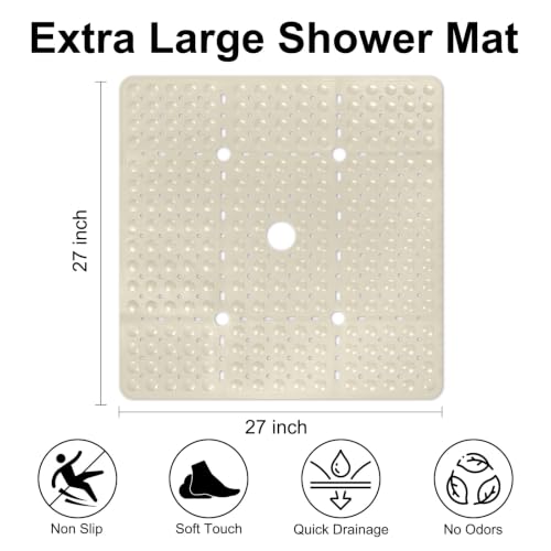 Khaki Non Slip Shower Mat 27 x 27 Inch with Suction Cups, Quick Drain - EIVINJE