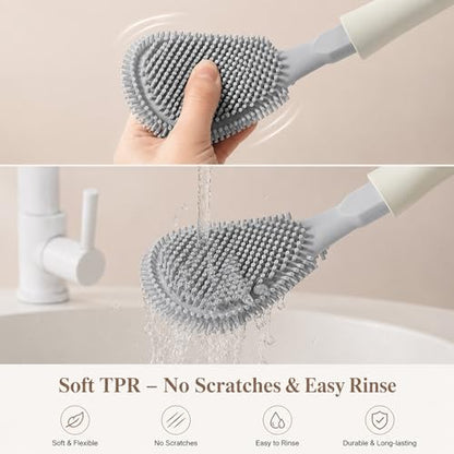 Toilet Brush & Holder Set Wall-Mounted Auto-Close Lid Cream White