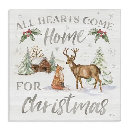Christmas Deer Cabin Holiday Wall Art - 36x36 Inch Canvas with Woodland Scene - All Hearts Come Home Variation