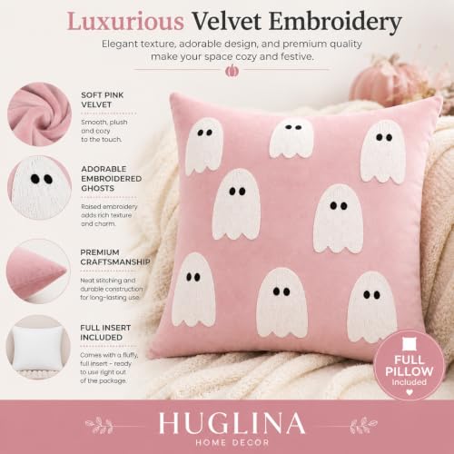 Halloween Throw Pillow 18x18 Pink Velvet Ghost Embroidery Decorative Cushion