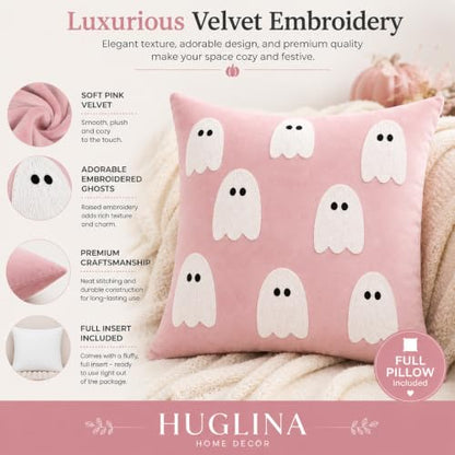 Halloween Throw Pillow 18x18 Pink Velvet Ghost Embroidery Decorative Cushion