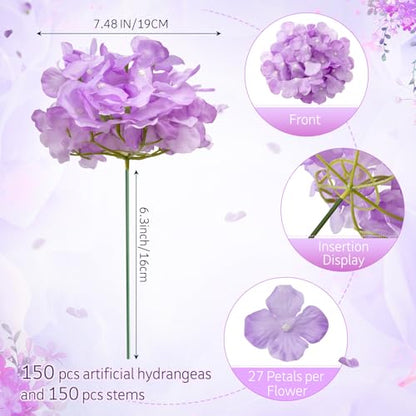 Lavender Hydrangea Artificial Flowers Bulk Set 150 Pieces, 7.48 Inch
