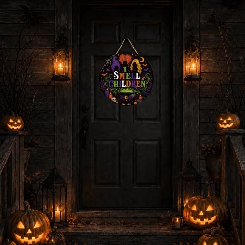 Halloween Door Sign I Smell Children - Witch Themed Front Door Decoration - Orange & Green