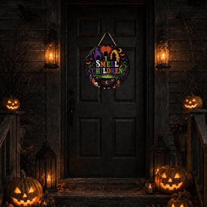 Halloween Door Sign I Smell Children - Witch Themed Front Door Decoration - Orange & Green