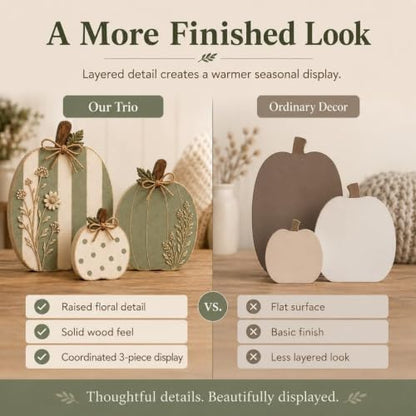 Wooden Pumpkin Decor Set - Rustic Fall Autumn Centerpieces, Sage & Cream