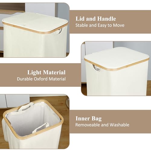 iEGrow Laundry Basket with Lid, 110L Large Laundry Hamper with Handle and Lid, Collapsible Clothes Basket Organizer with Removable Inner Bag for Clothes Toys Towels - Beige
