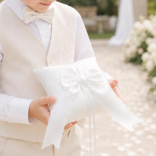 Ivory Ring Bearer Pillow 6x6 Inch Cotton Big Bow Wedding Ceremony Accessory