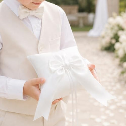 Ivory Ring Bearer Pillow 6x6 Inch Cotton Big Bow Wedding Ceremony Accessory