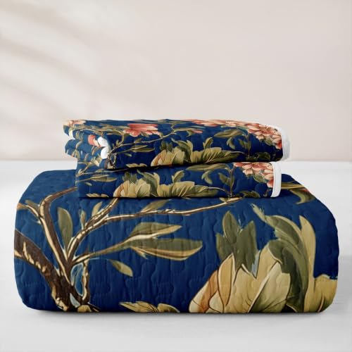 Full Size Bedspread Set - Brown Green Rustic Floral Quilt with Pillow Shams - 3 Pieces