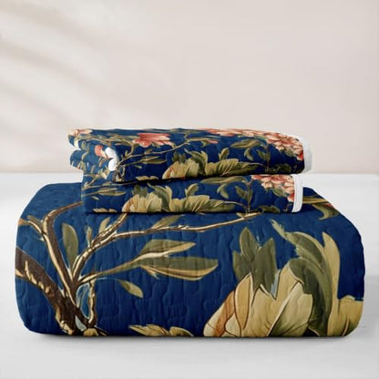 Full Size Bedspread Set - Brown Green Rustic Floral Quilt with Pillow Shams - 3 Pieces