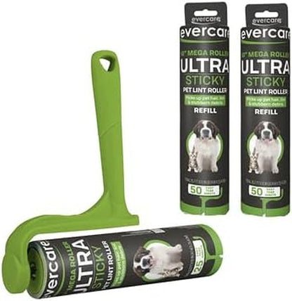 Evercare Ultra Sticky Pet Lint Roller - Mega Value Pack with Handle & 2 Refills | 50 Sheets Each