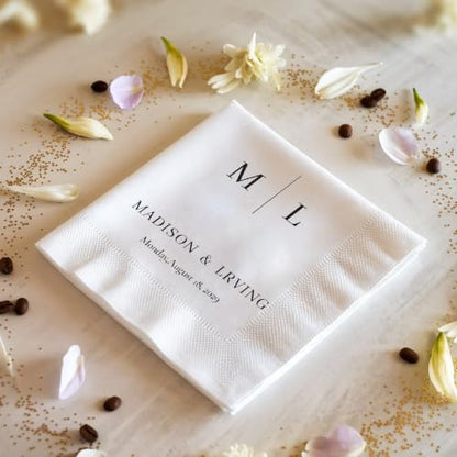 Personalized Wedding Cocktail Napkins - Style 1, Floral Wreath Design, 50 or 100 Pack