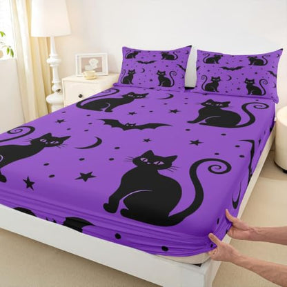 Halloween Black Cat Moon Fitted Sheet Queen Size with 2 Pillowcases - Spooky Bedding Set