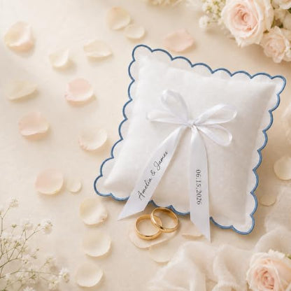 Personalized Wedding Ring Pillow with Embroidery & Scalloped Edge