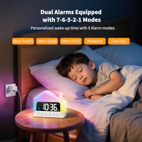 Kids Alarm Clock with White Noise Sleep Aid, Night Light & Snooze