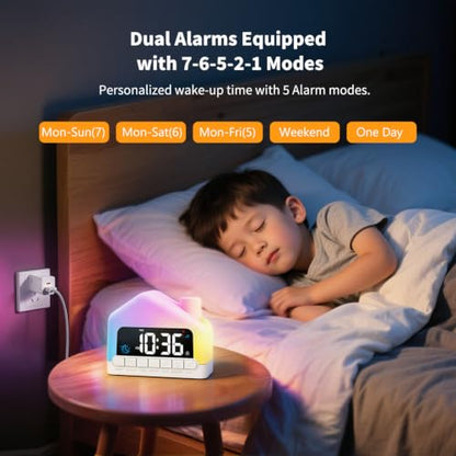 Kids Alarm Clock with White Noise Sleep Aid, Night Light & Snooze