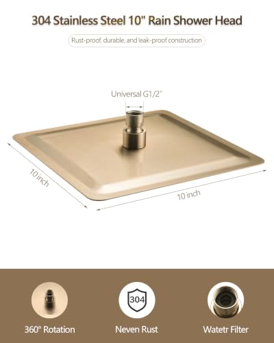 10 Inch Square Rain Shower Head - Champagne Bronze, High Pressure, Easy Clean