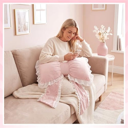 Pink Bow Pillow Set - Ruffled Dutch Velvet Decorative Cushions for Girls Room