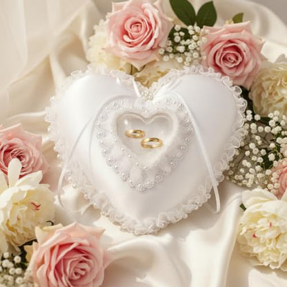 Heart Shaped Wedding Ring Bearer Pillow with Pearl Lace Decoration