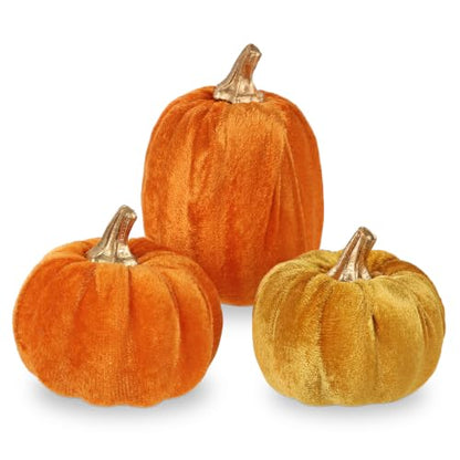Artificial Mini Velvet Pumpkins Fall Decor - Orange Series Set of 3