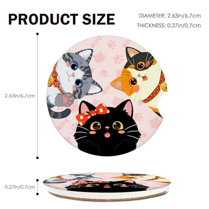 Pink Paws Cat Car Coasters Set of 2 - Absorbent Ceramic with Non-Slip Cork Base, Cute Car Accessories