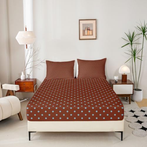 Kids Full Size Fitted Sheet Set Blue Brown Geometric Polka Dot Bedding - 2 Pillowcases