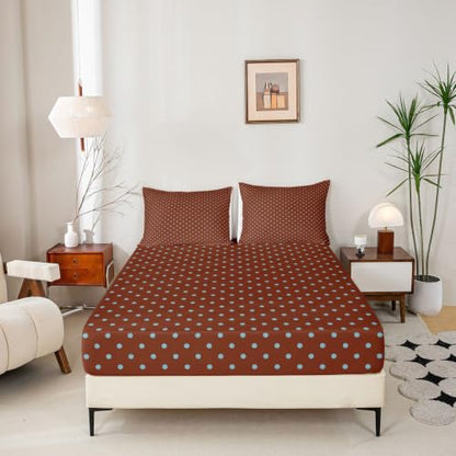 Kids Full Size Fitted Sheet Set Blue Brown Geometric Polka Dot Bedding - 2 Pillowcases