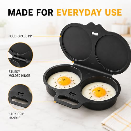 Dual Cavity Microwave Egg Poacher with Lid & Handle - Black, 2 Eggs, Nonstick