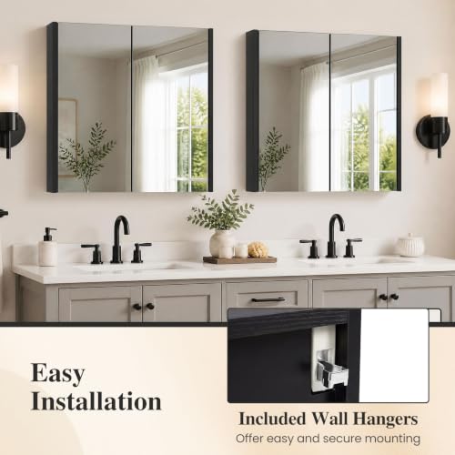 GIANTEX Black Wall-Mount Bathroom Mirror Cabinet with 2 Doors