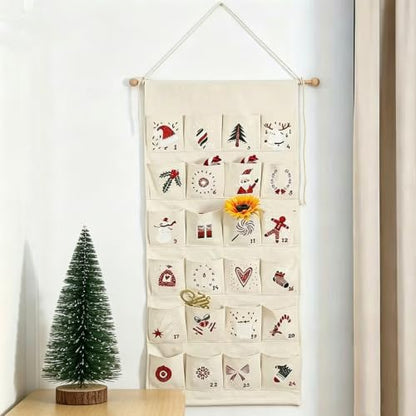 Christmas 24 Day Reusable Hanging Advent Calendar with Pockets - Fillable Holiday Decoration C