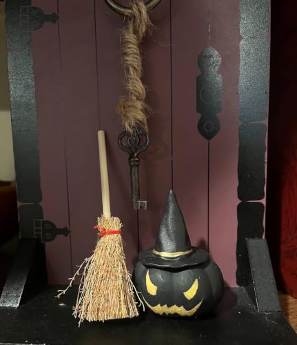 Miniature Witch Hat and Straw Broom Set for Halloween Craft Decorations