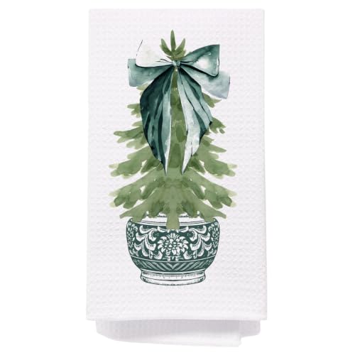 Christmas Green Chinoiserie Kitchen Towels - Dark Green Porcelain Tree Hand Towels, 16x24 Inch, Holiday Decor