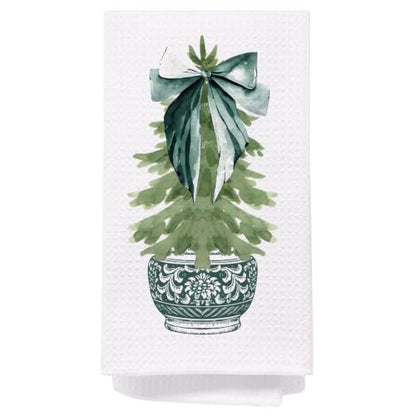 Christmas Green Chinoiserie Kitchen Towels - Dark Green Porcelain Tree Hand Towels, 16x24 Inch, Holiday Decor