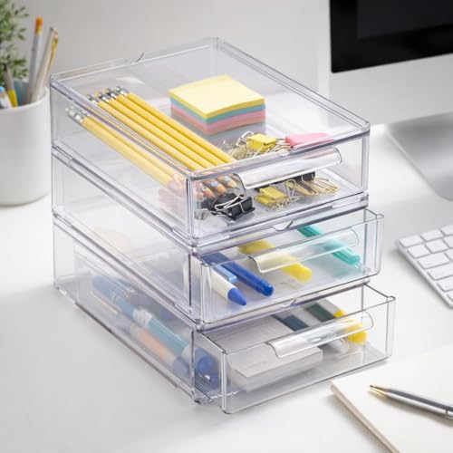 Small Clear Stackable Storage Drawers Set of 6 - Plastic Organizer with Handles