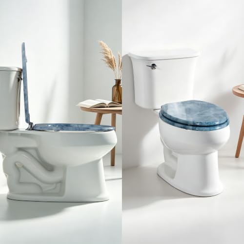 Elongated Wooden Toilet Seat with Soft Close - Blue Marble, 18.5"