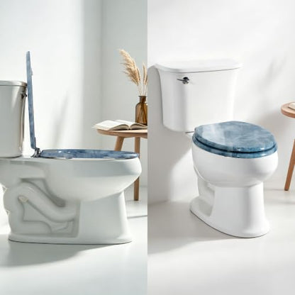 Elongated Wooden Toilet Seat with Soft Close - Blue Marble, 18.5"