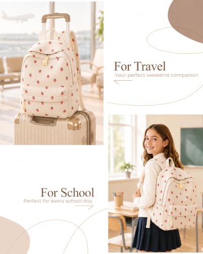 Girls Corduroy Strawberry Backpack for School & Travel - Beige