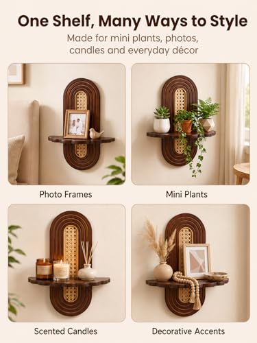 Boho Wall Shelves 2 Pack - Bamboo with Handwoven Rattan for Plants & Decor