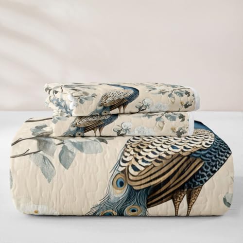 Navy Blue Peacock Flora Quilt Set Full Size Kids Girl Bedroom Decor 3Pcs
