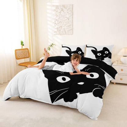 Queen Size Black Cat Comforter Cover Set with Hidden Zipper & Corner Ties