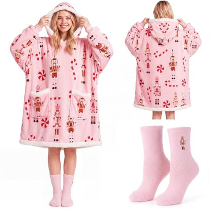 Berlune Pink Christmas Wearable Blanket Hoodies with Fuzzy Socks - Nutcracker Variant