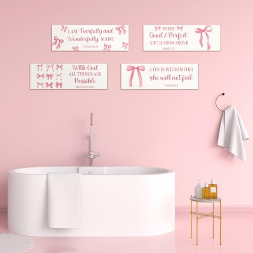 Pink Bow Christian Wall Decor Set - 4 Wooden Religious Room Accents