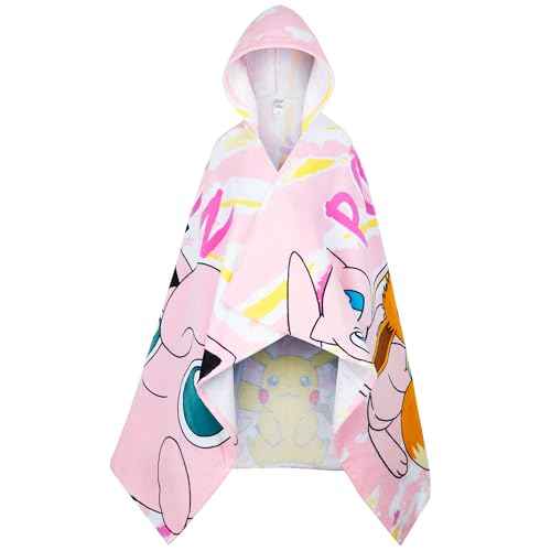 Pokemon Hooded Kids Beach Towel Absorbent Changing Robe Cotton Poncho Bath Towels (Pink, 6-14 Years)