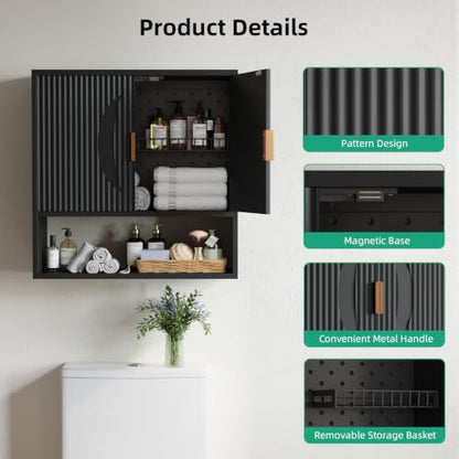 Kalrin Wall Bathroom Cabinet with Adjustable Baskets & Hooks - Black