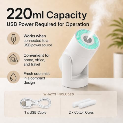 White Portable Mini Humidifier 220ml with 2 Mist Modes & Night Light
