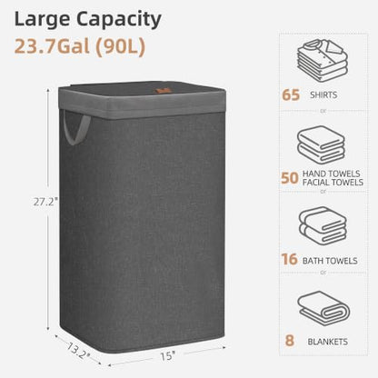 Laundry Hamper with Metal Frame and Lid - Tall Storage Baskets, Black, 90L