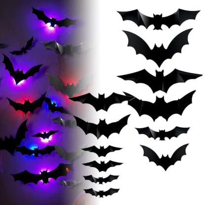 Halloween 3D Bat LED Light Wall Decor - Black 12 Pcs