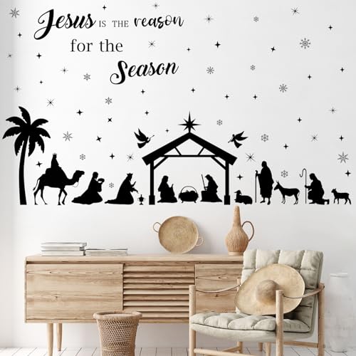 Christmas Nativity Scene Wall Decals - Jesus Variation, 6 Sheets, Black